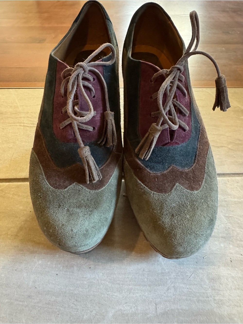 Earthies Women's Suede Platform Wingtip Oxfords in Olive, Brown & Burgundy